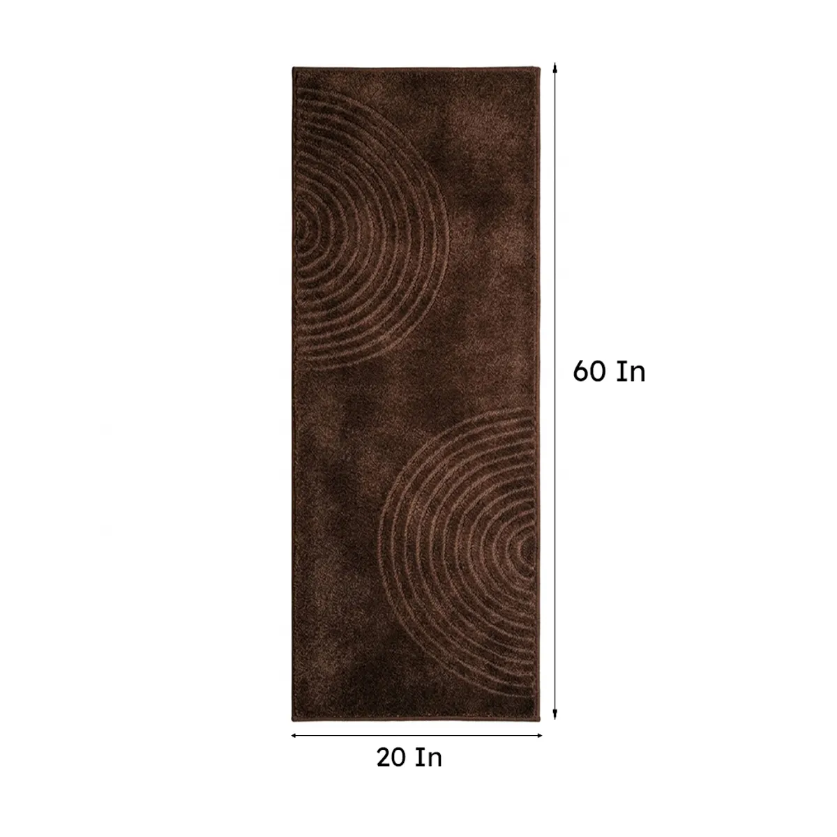 Brown runner rug shown with its rectangular dimensions
