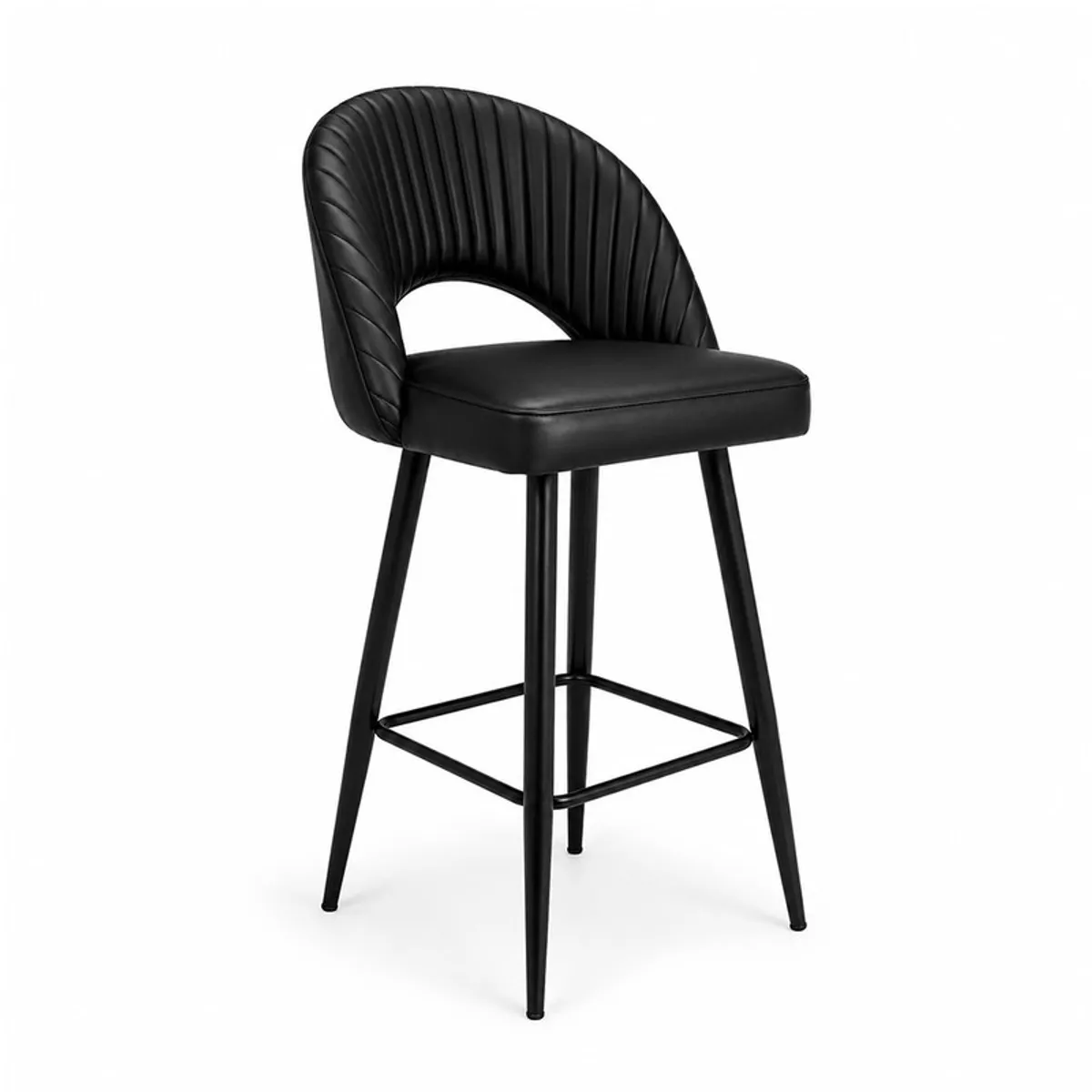 Angled view of a black ribbed bar chair with slim legs