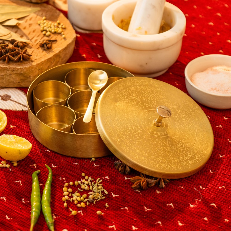 SpiceNest Brass Masala Box With Spoon - 160 mL