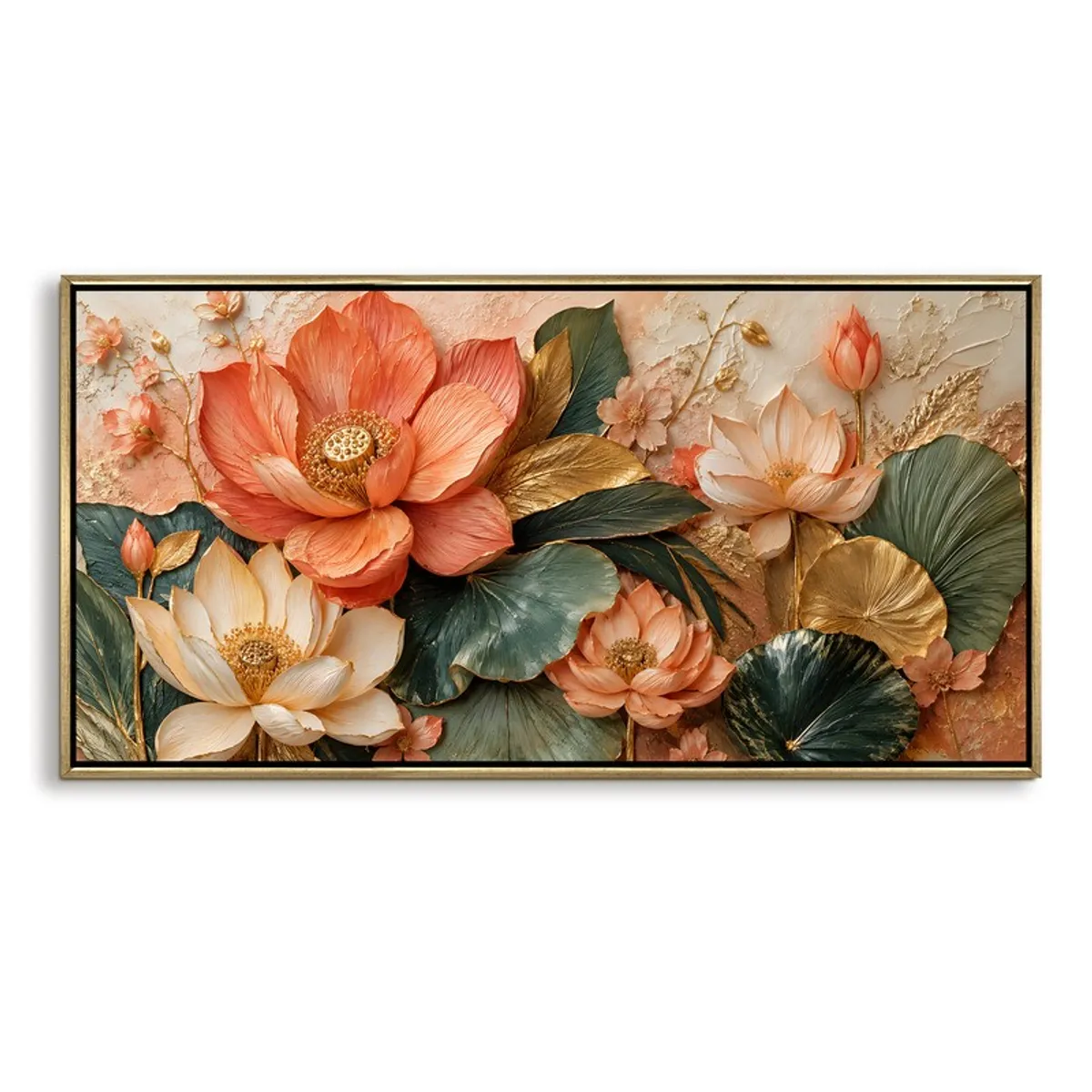 Rectangular lotus garden canvas wall painting with gold-toned frame