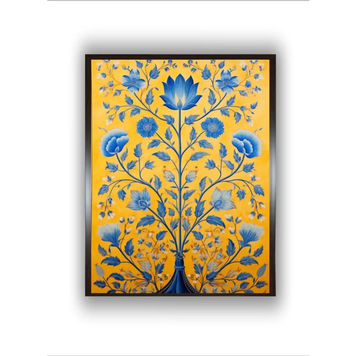 Straight front view of blue floral framed wall painting with yellow background