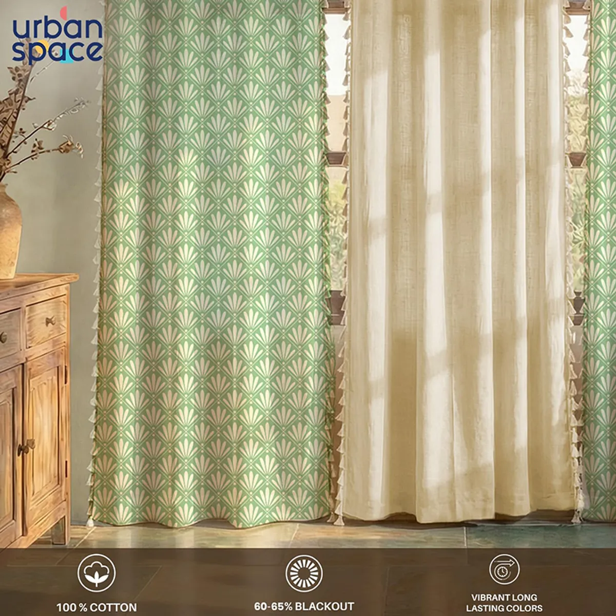 Sage and off-white patterned curtains shown with cotton and light-blocking icons