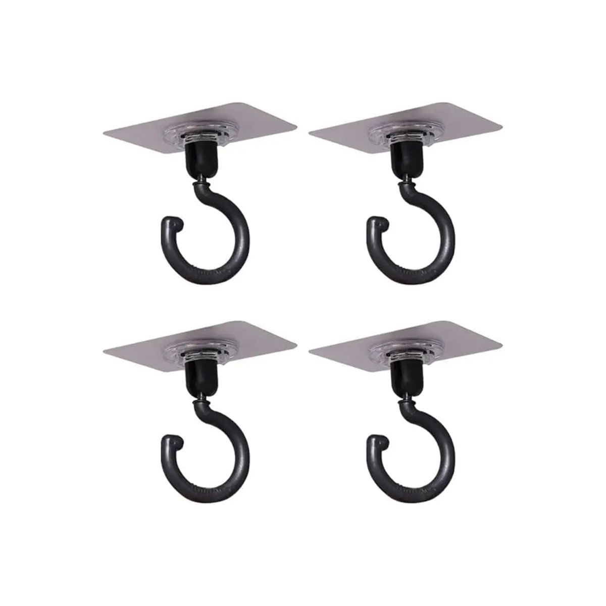 Set of four black wall hooks with square mounting pads on a white background