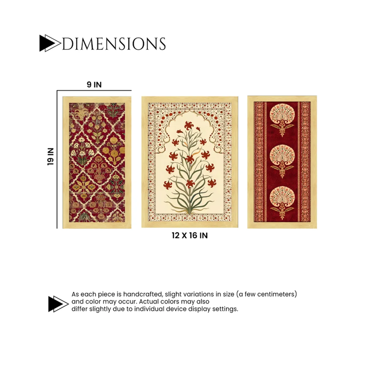 Three framed wall art pieces shown on a plain background with a dimensions graphic