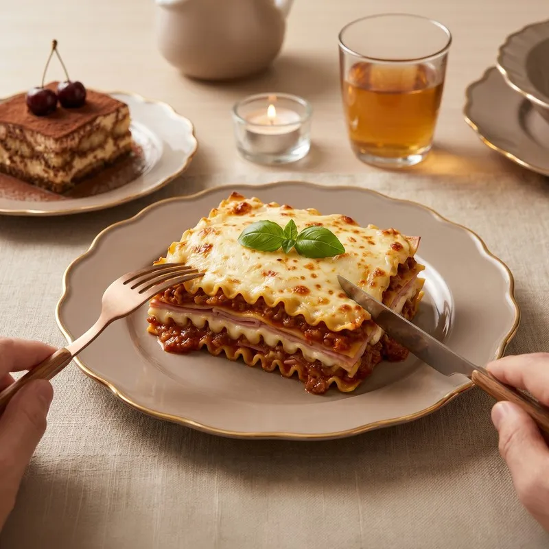 Grey and gold dinner plate holding lasagne on a dining table
