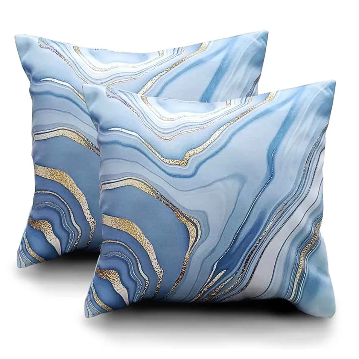 Two square blue abstract marbled cushion covers shown against a white background