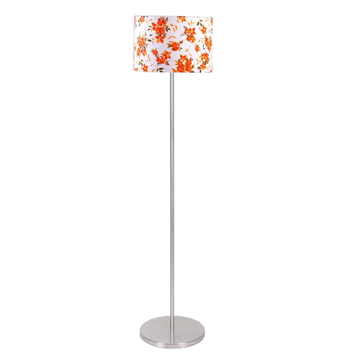 Floor lamp with orange floral cylindrical shade and round silver base on white background
