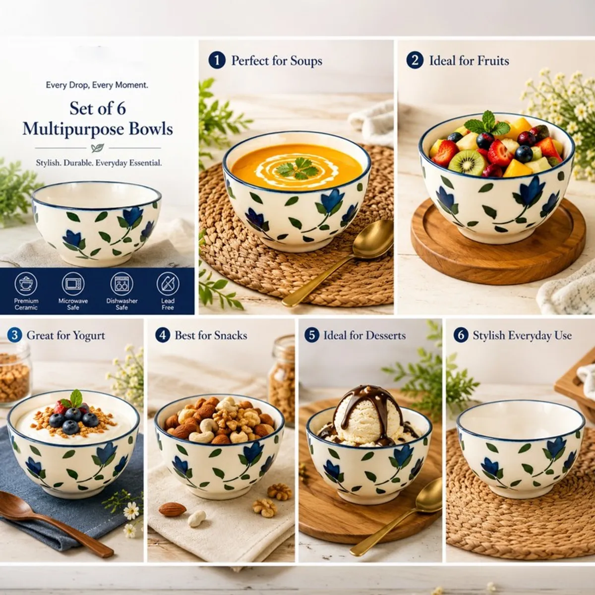 Six blue and white floral bowls shown in different everyday serving uses