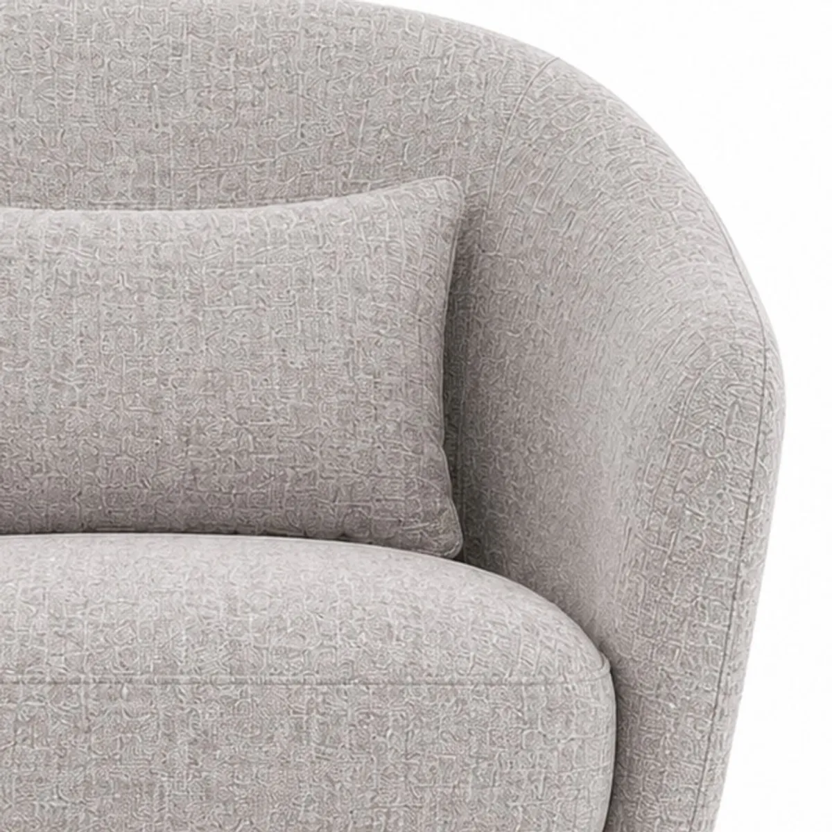 Close-up showing the chair's textured grey upholstery and curved arm