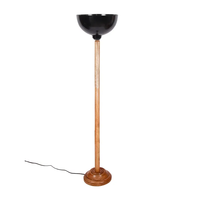 Product shot of floor lamp with rounded black shade and wooden base