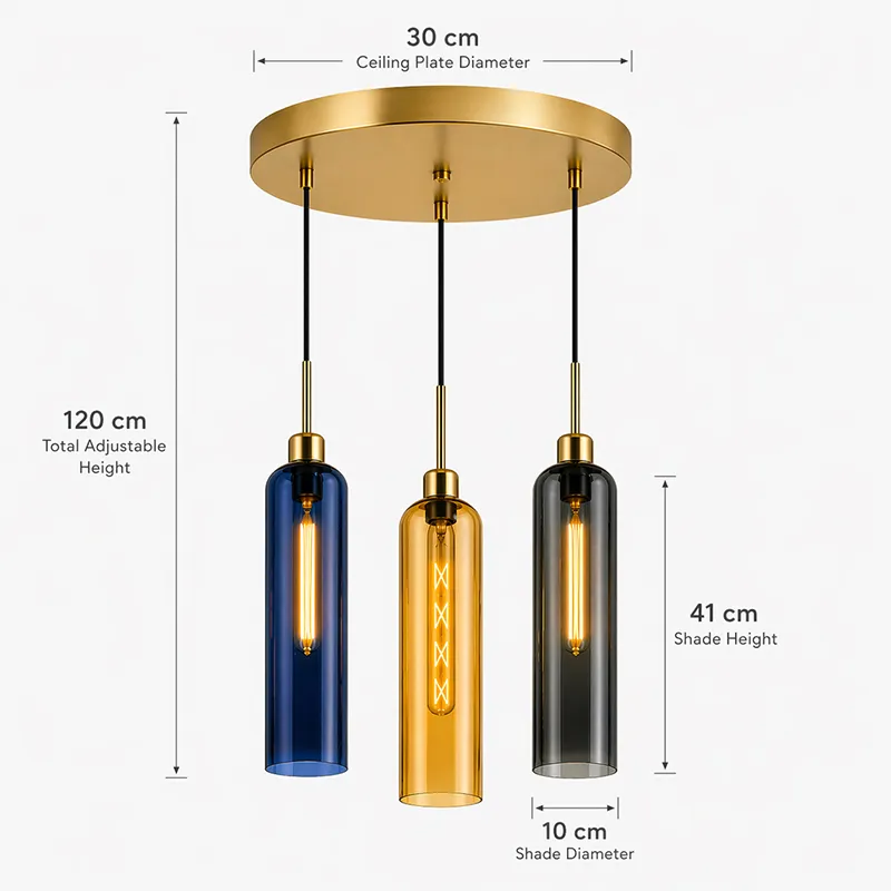 Three-light ceiling lamp with round gold plate and coloured cylindrical glass shades