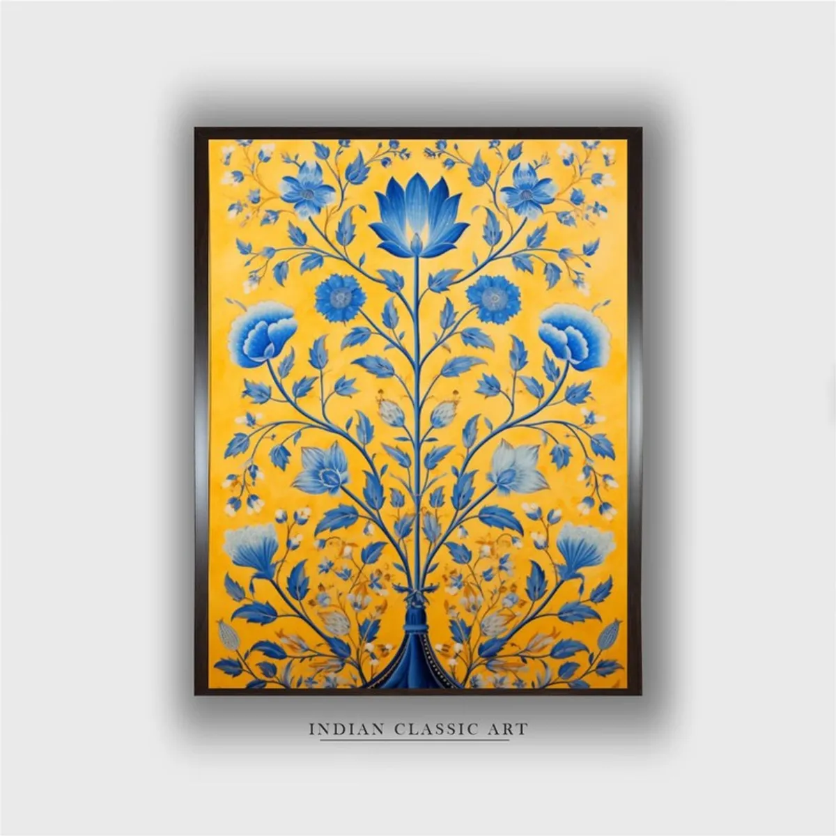 Front view of framed blue lotus floral canvas wall painting on yellow background