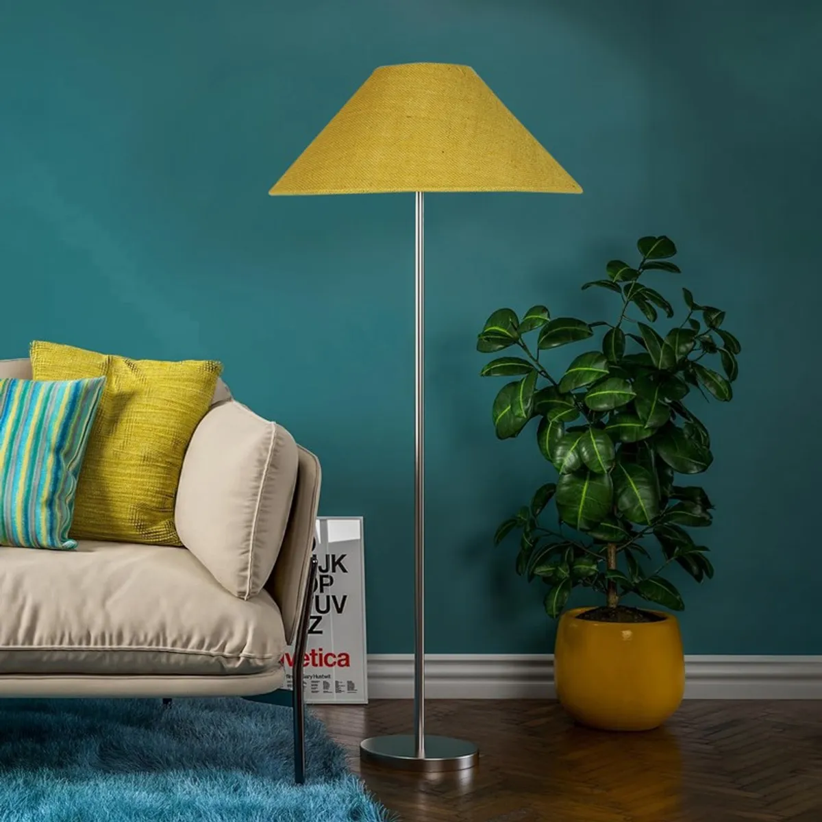 Yellow jute floor lamp with slim steel stand in a teal living room setting
