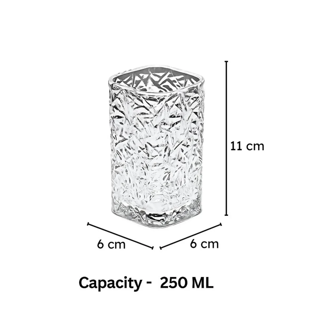 Clear patterned glass tumbler shown with capacity and size markings