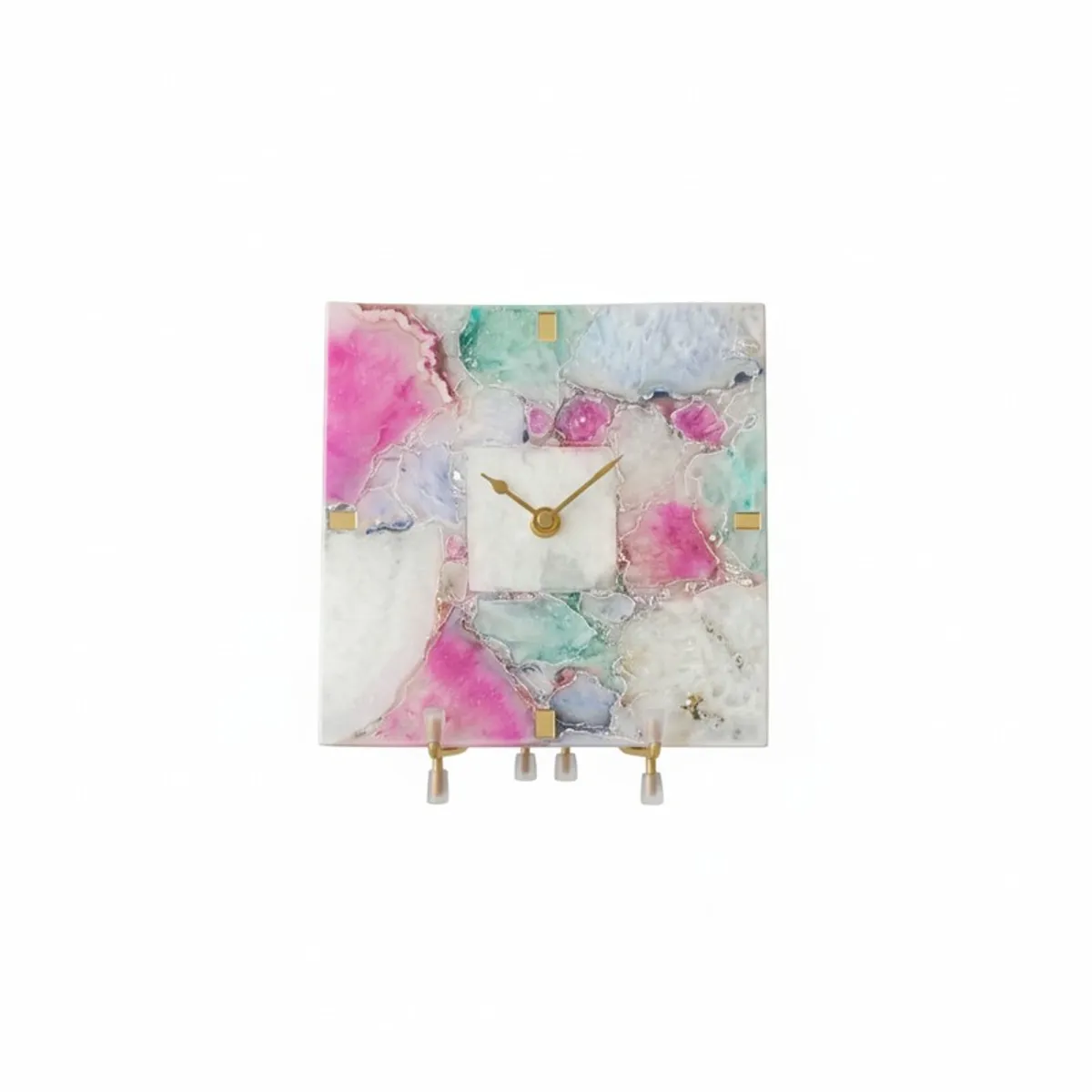 Front view of a square agate table clock with pastel marbled pattern and gold-tone hands