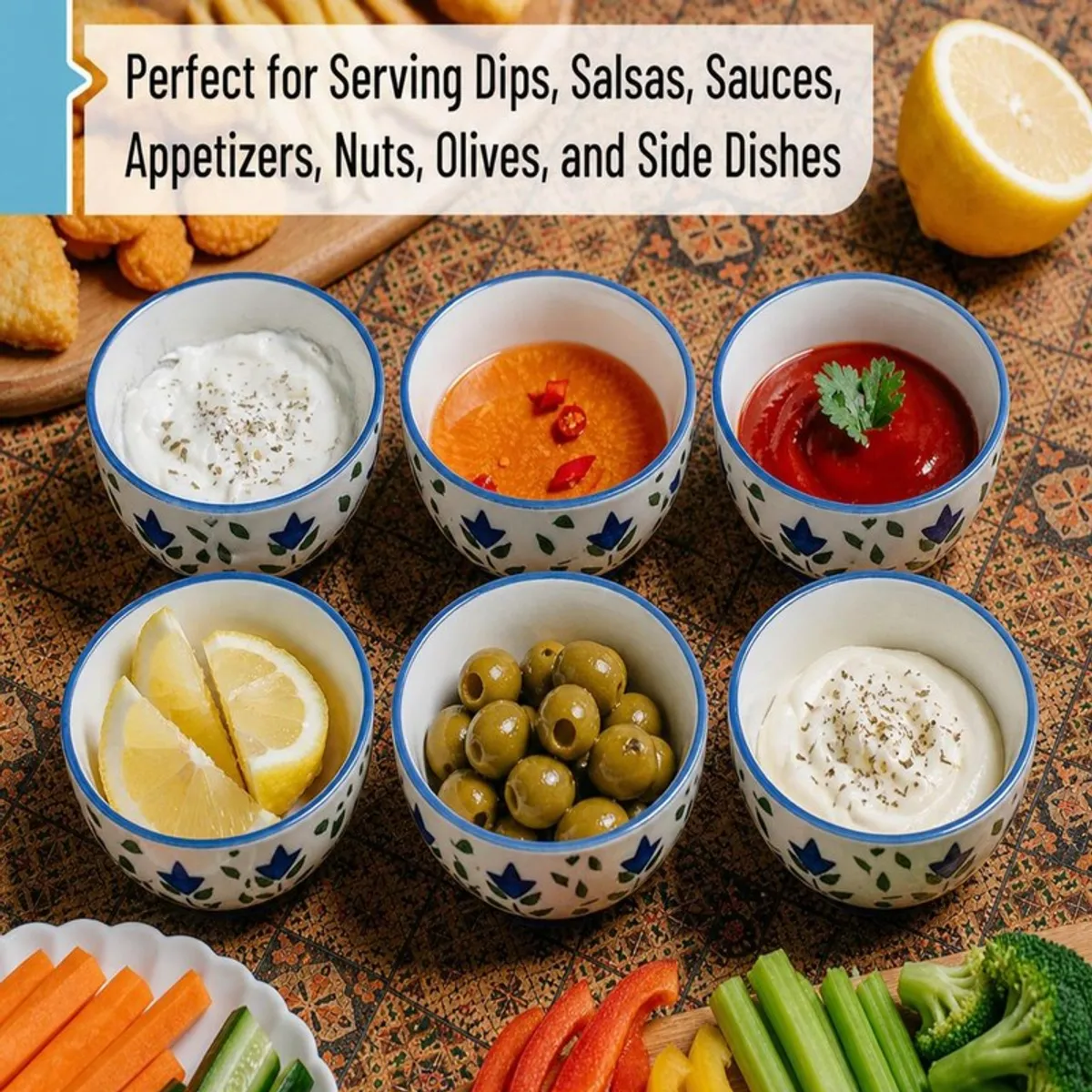 Six floral snack bowls filled with dips, olives and side dishes