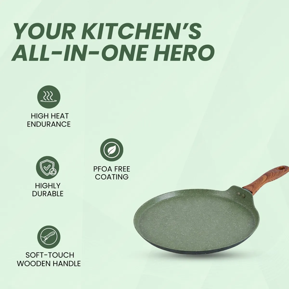 Moss green dosa tawa showing its round cooking surface and wooden-look handle