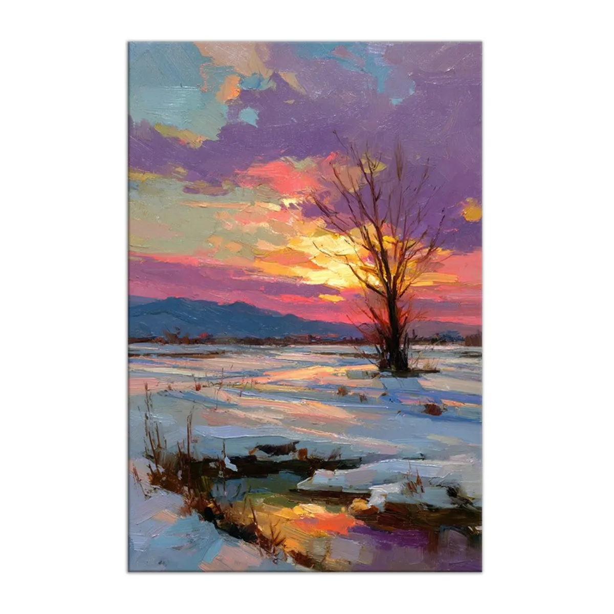Rectangular canvas wall painting with a colourful winter sunset and lone tree