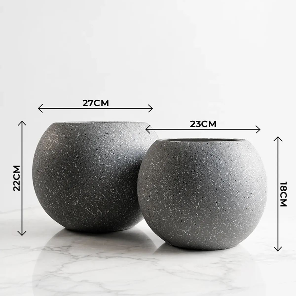 Two grey speckled planters shown with width and height arrows