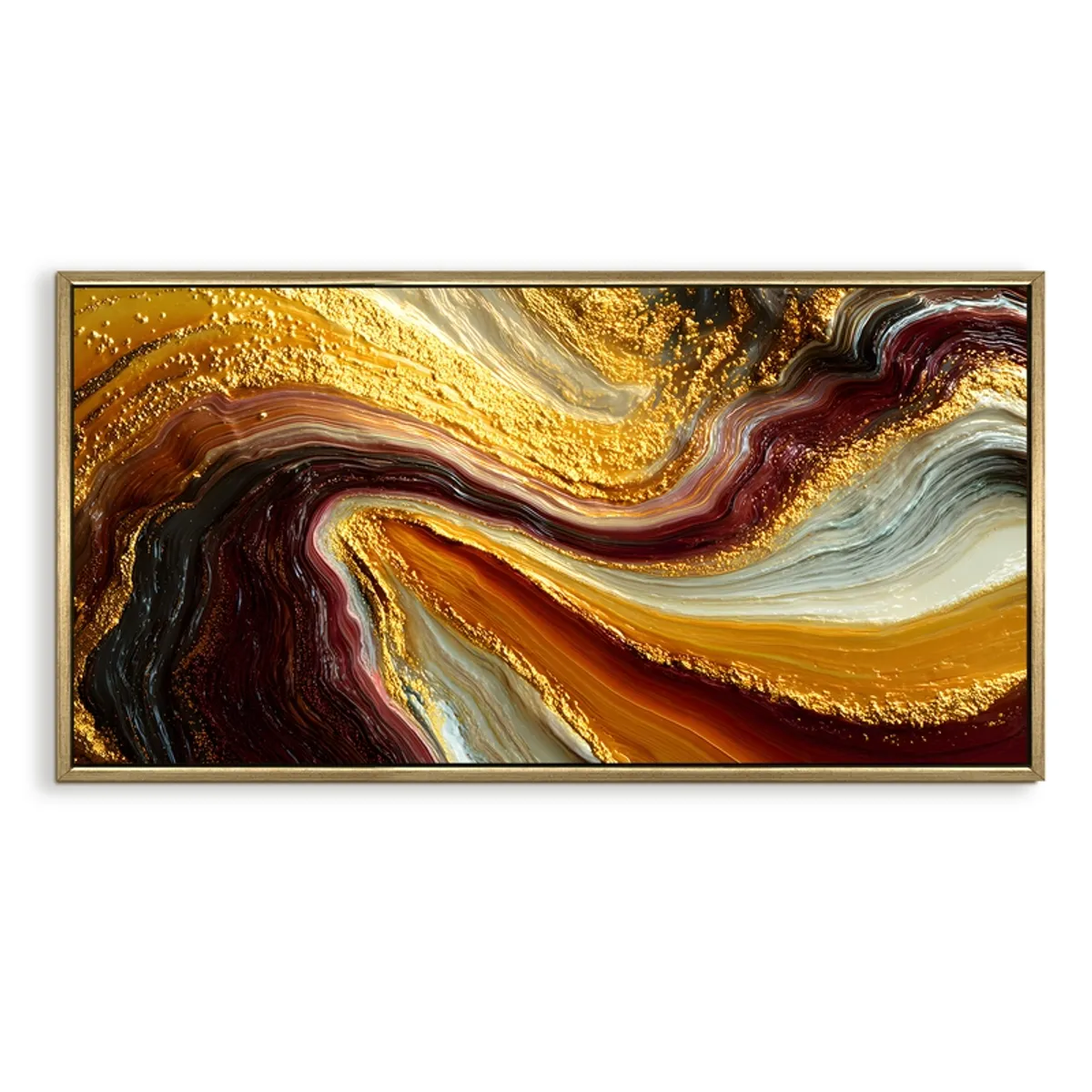 Rectangular framed abstract canvas painting in swirling gold, burgundy and cream tones