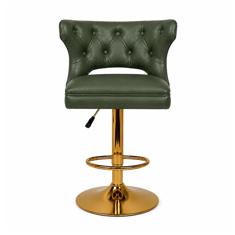 Front view of a green tufted swivel bar stool with a gold-toned pedestal base