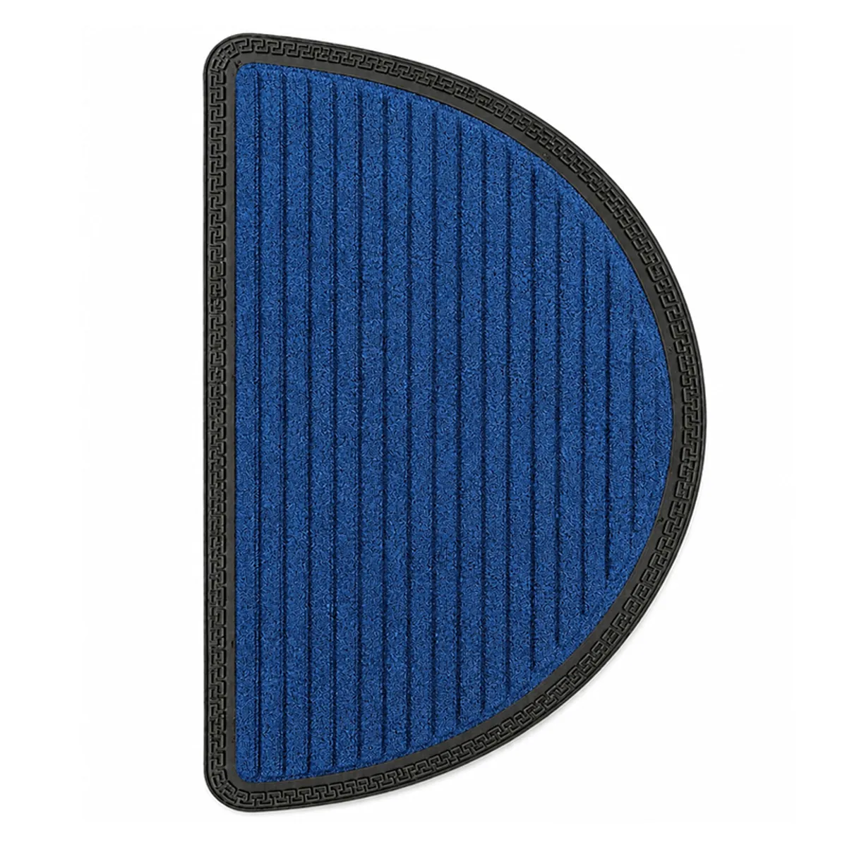 Blue semi-circular door mat with black border shown from above