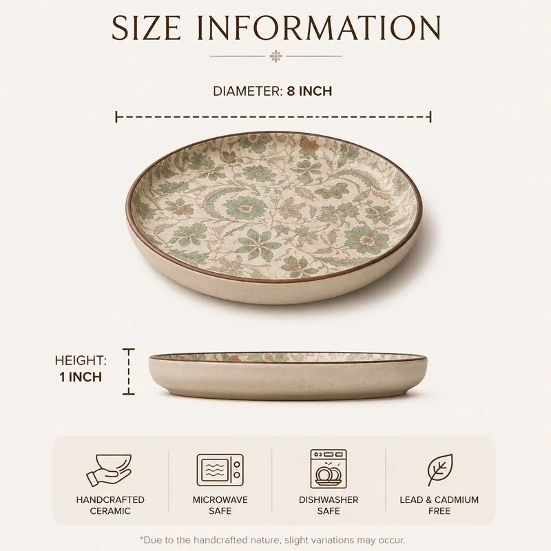 Ceramic quarter plate with botanical floral pattern shown with printed size information