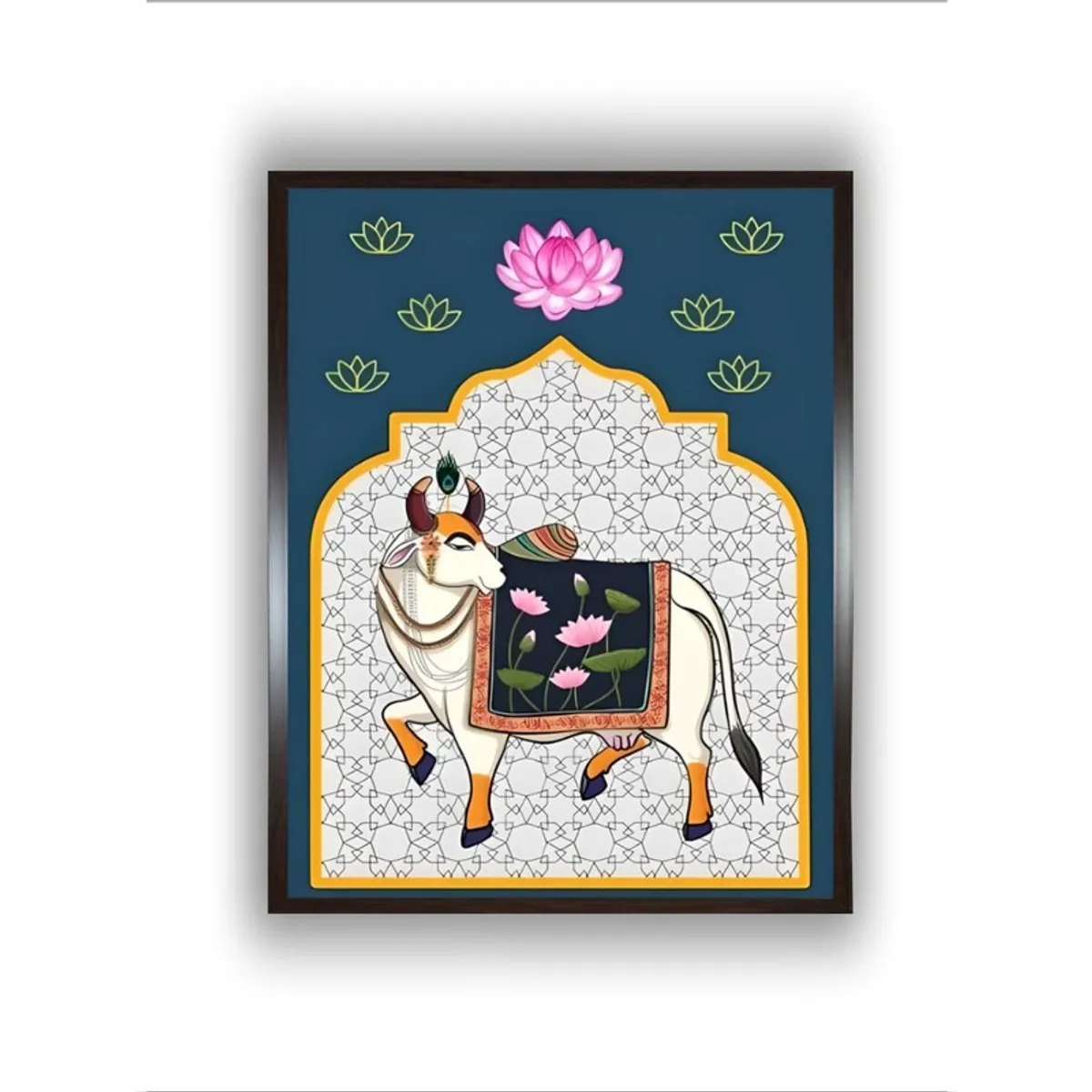 Framed canvas painting featuring a cow under pink lotus motifs