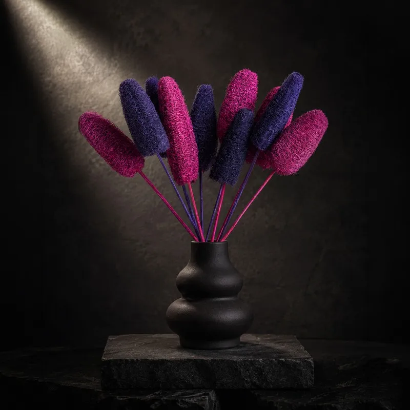 Pink and purple dried luffah stems arranged in a black vase