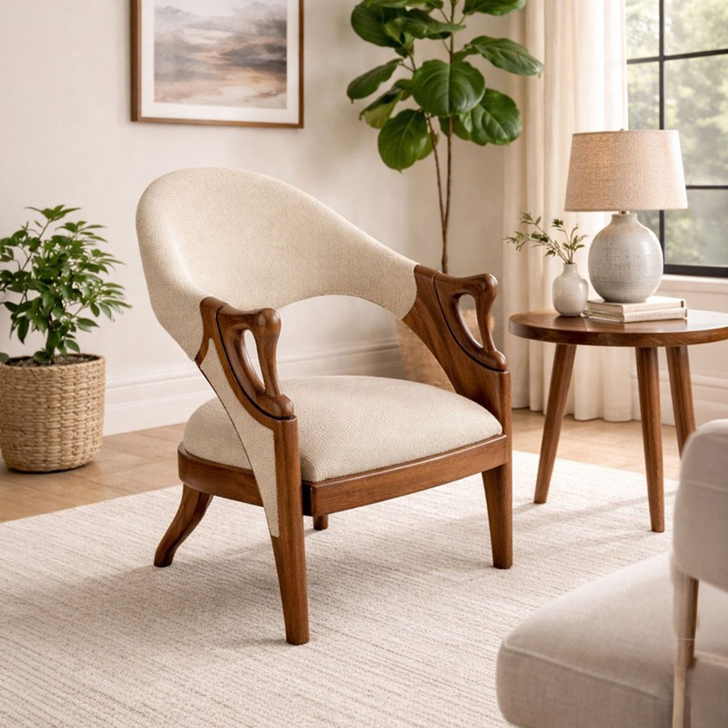 Aldermere Teak Wood & Velvet Accent Chair - Beige