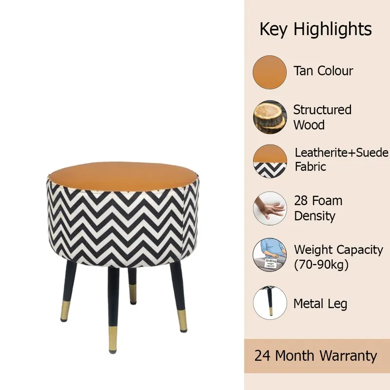 Ottoman shown with a brown top, chevron sides and black legs beside key highlights