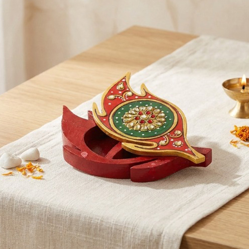 Meenakari Leaf Shaped Kum Kum Roli Box