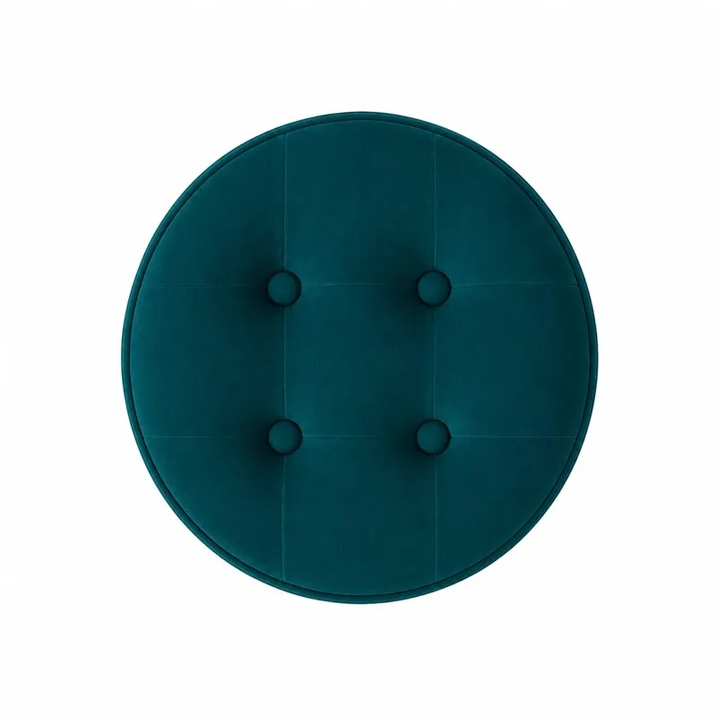 Top view of teal round tufted stool seat with four buttons