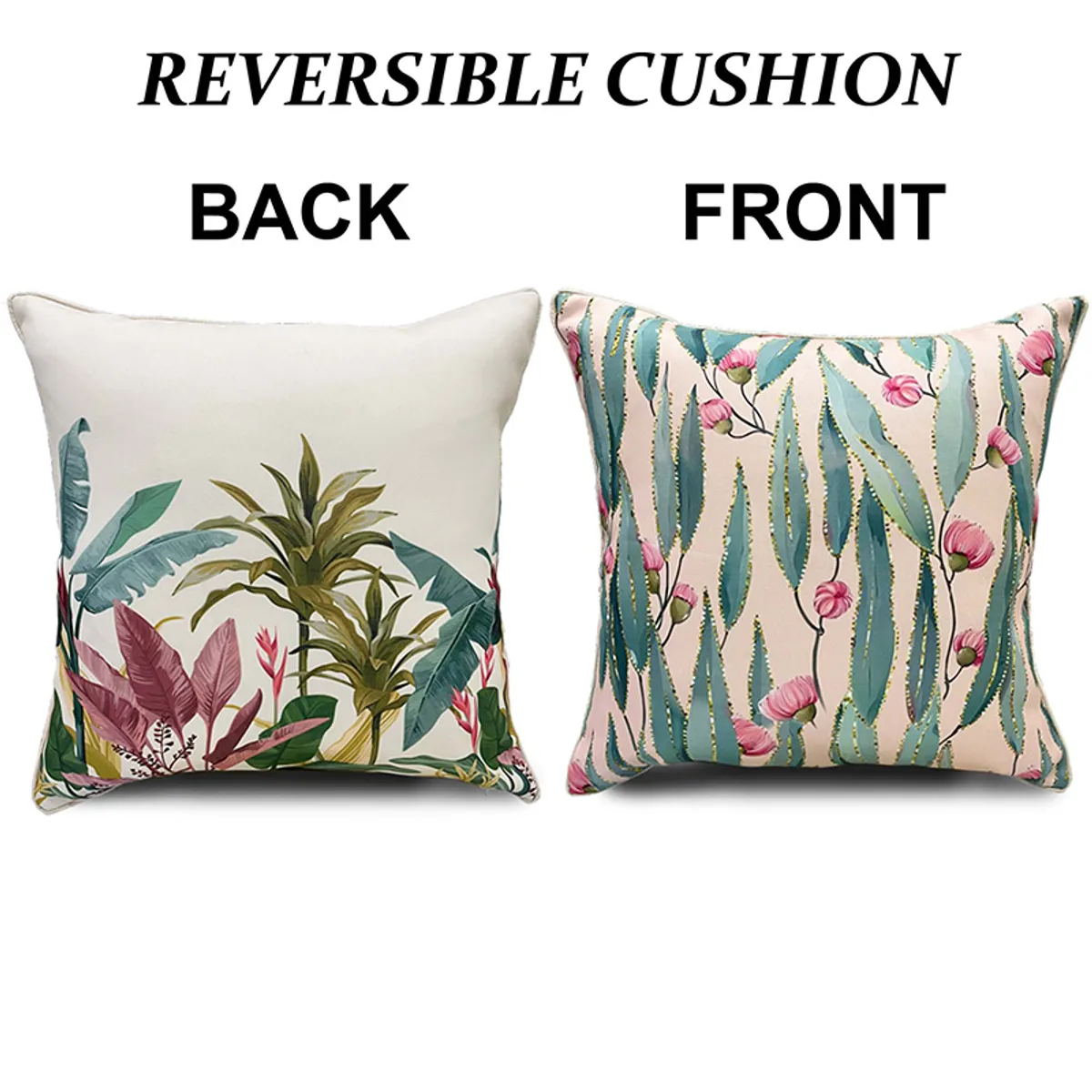 Reversible cushion cover shown with botanical prints on both sides