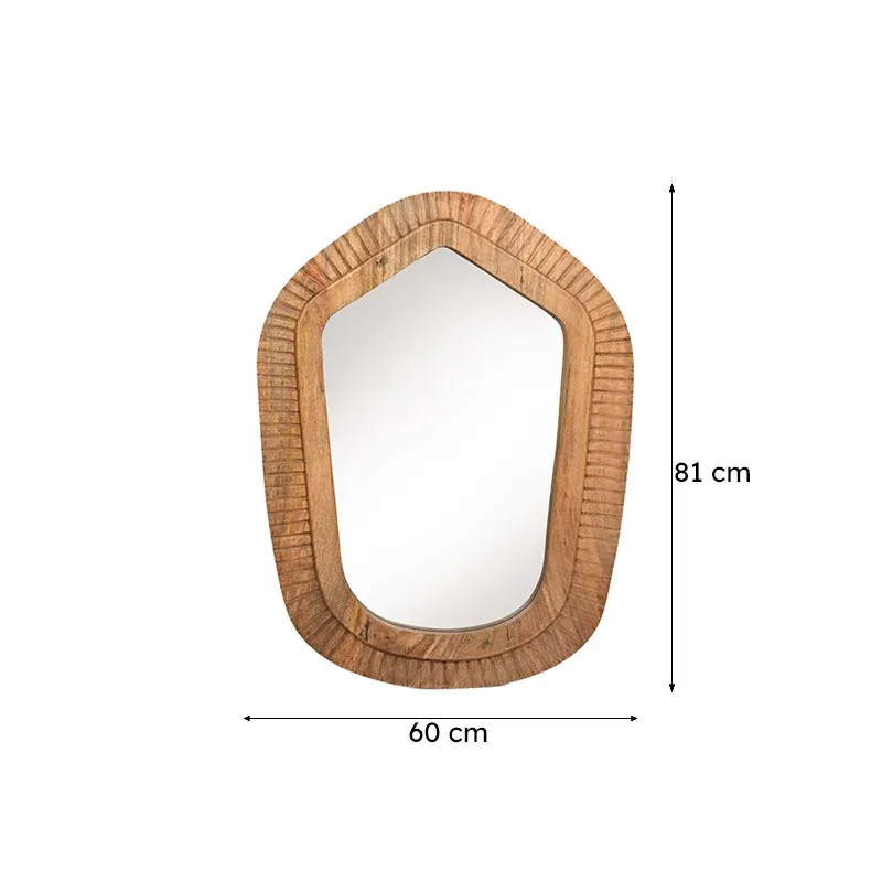 Arched brown wood wall mirror with visible size markings