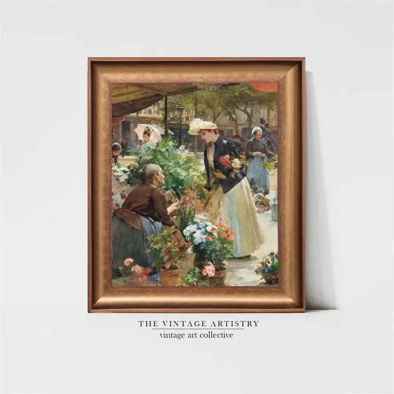 Front view of a framed vintage-style flower market canvas painting