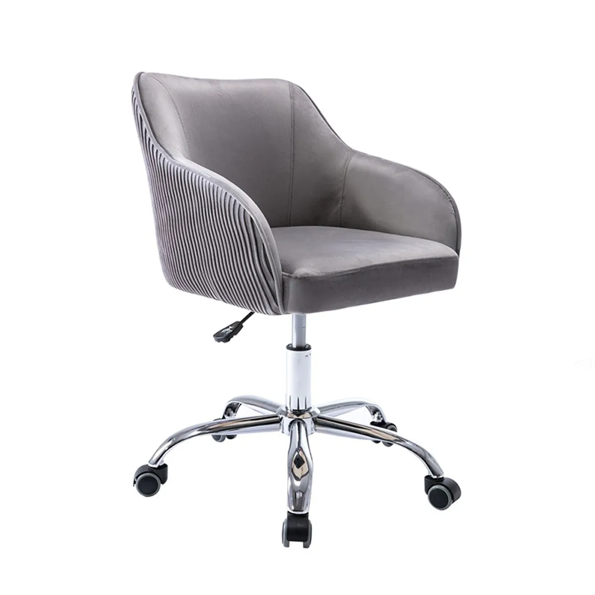 Angled view of a grey office chair showing its ribbed sides and curved back