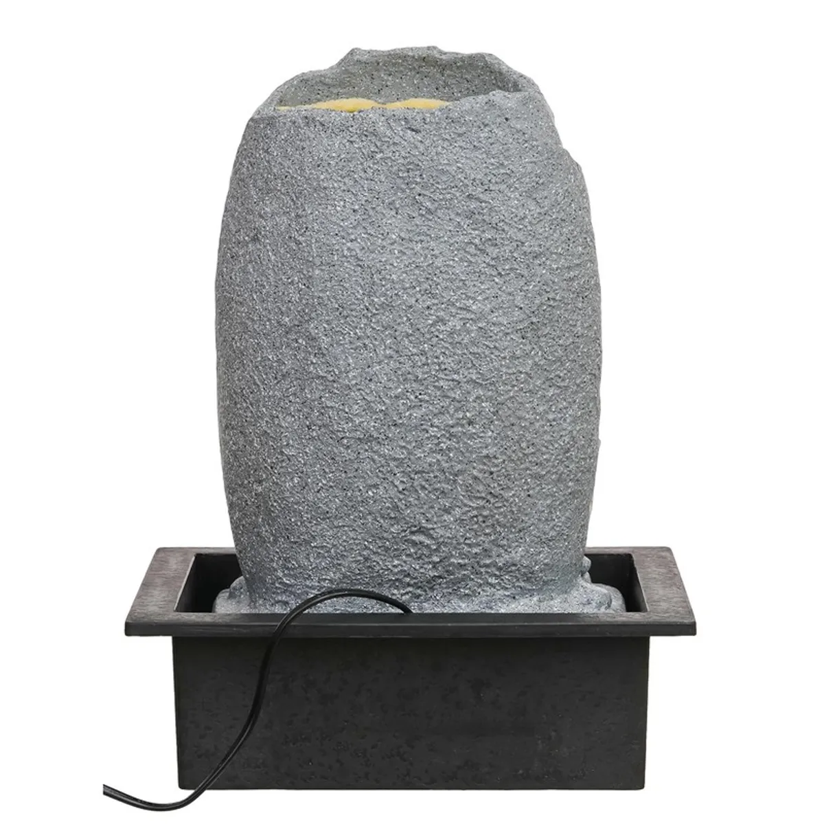 Rear view of grey tabletop fountain with power cord