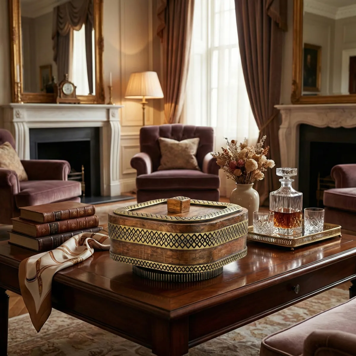 Closed brown and gold masala box styled on a classic wooden coffee table