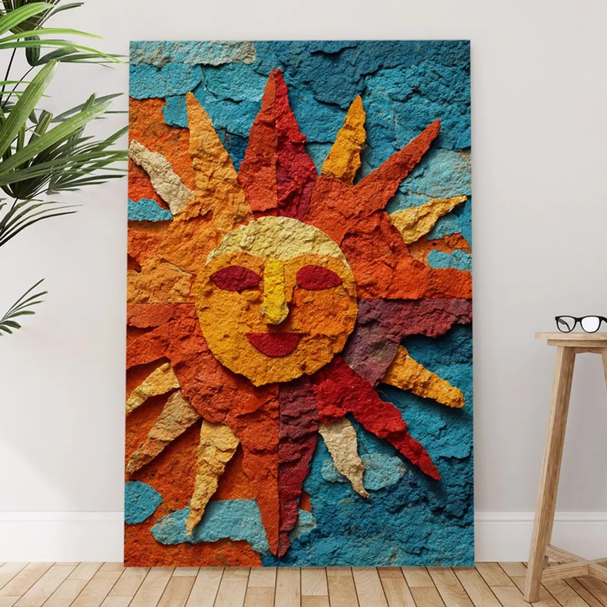 Large rectangular sun-inspired canvas wall painting in a styled room