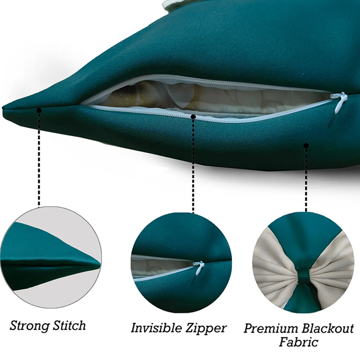 Close-up of a green cushion cover showing its zip closure.