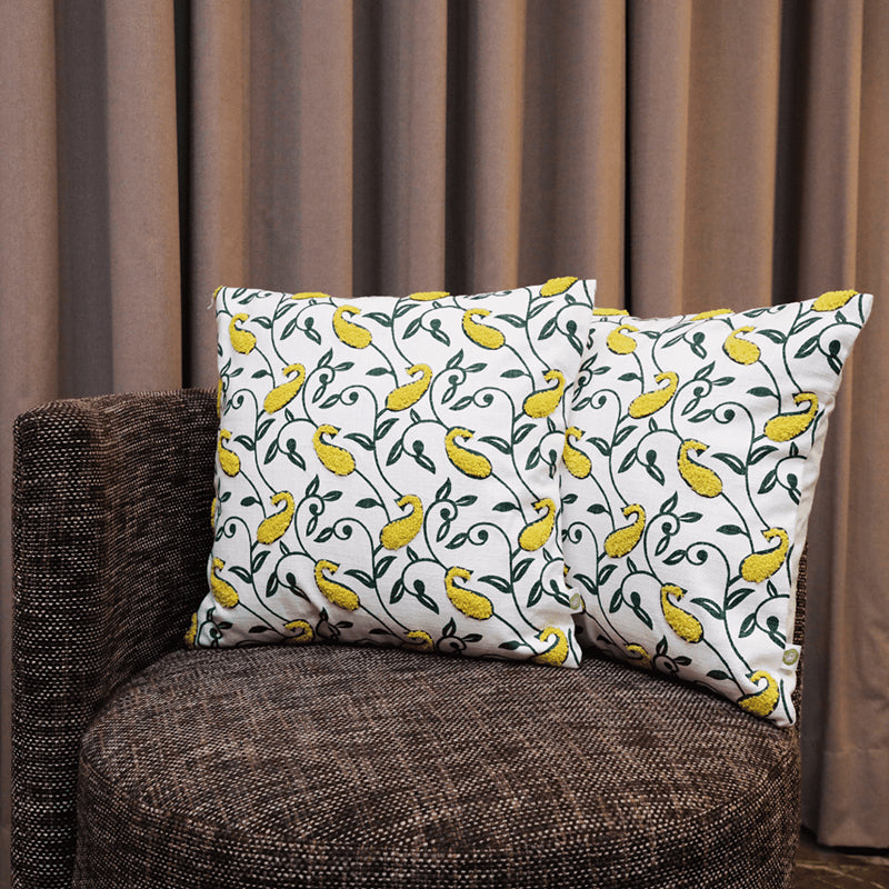 Tuft Tales Tufted Cushion Cover (Yellow & White) - Set Of Two