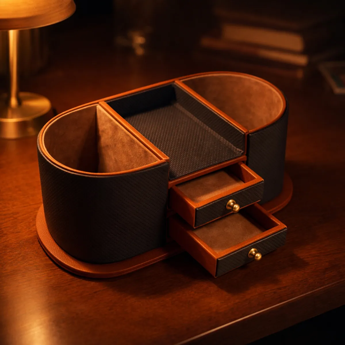 Grey and brown desk organiser displayed on a dark wooden desk with open drawers