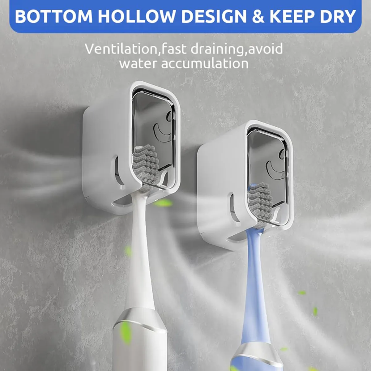 Two white toothbrush holders on a wall with open bottoms for airflow