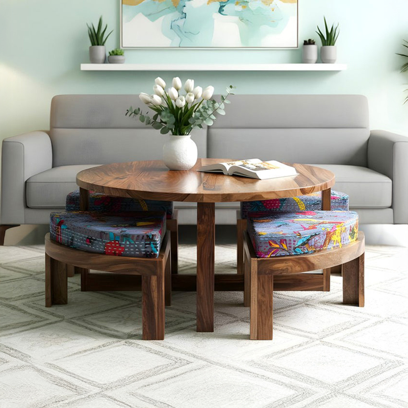 Hervon Sheesham Wooden Center Table with Stools and Cushions (Brown) - Nine Piece Set