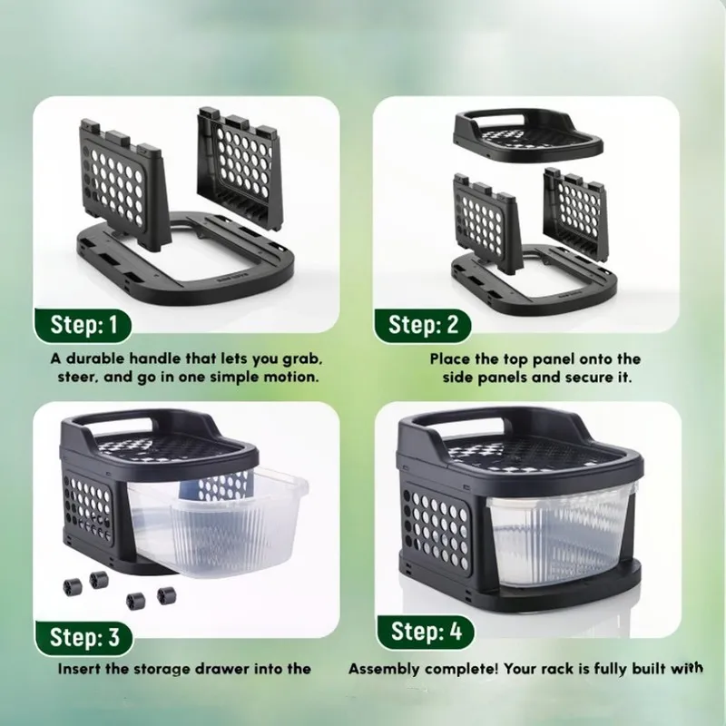 Four-step assembly view of the black organizer rack with transparent drawer