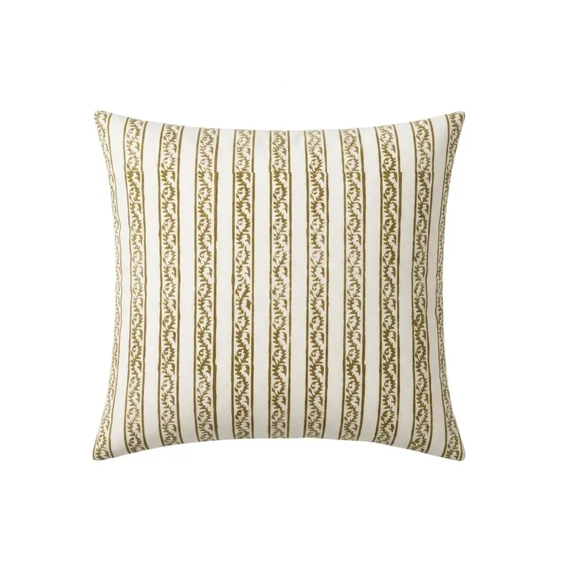 Front view of a white and brown floral striped square cushion cover