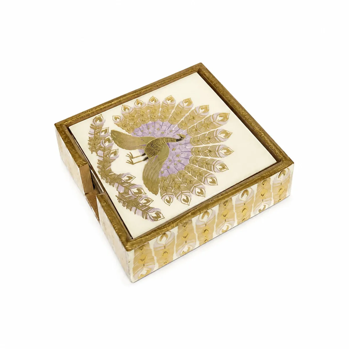 Close-up angled view of a peacock coaster in its decorative box