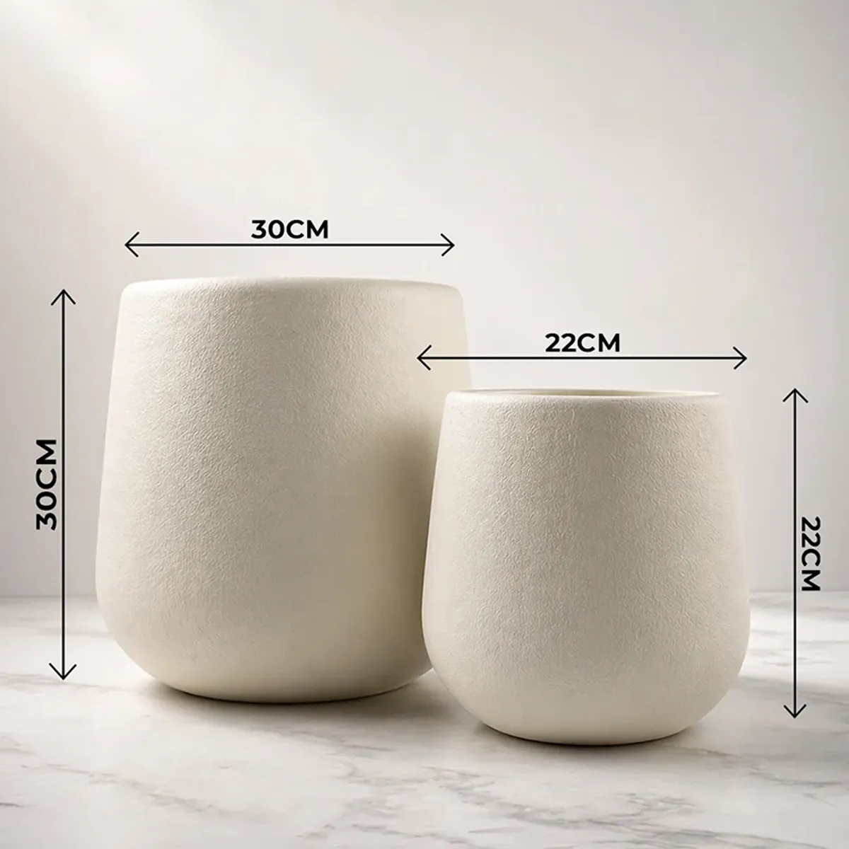 Two white planters shown with visible dimension arrows on a light background