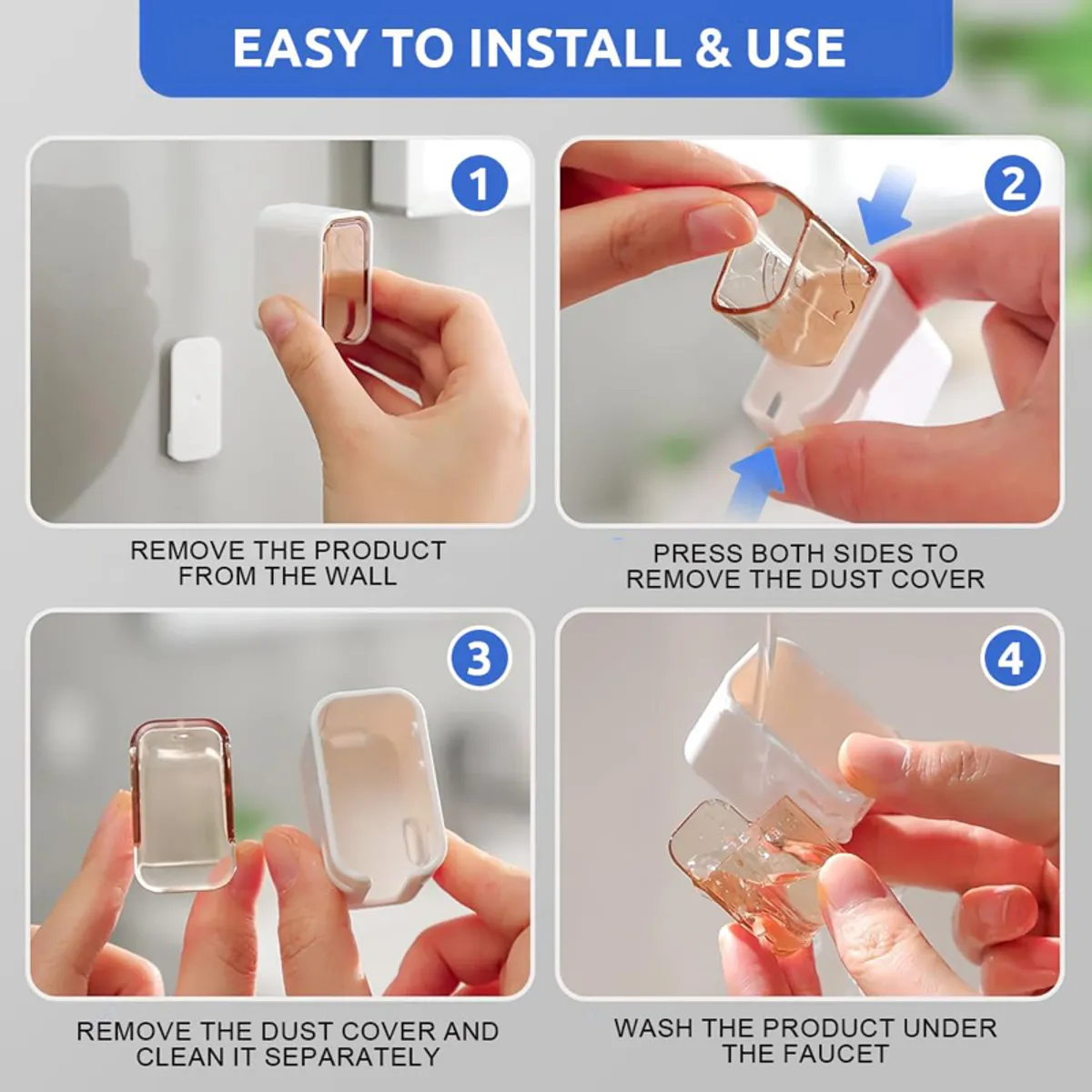 Four-step visual showing removal and cleaning of the toothbrush holder cover